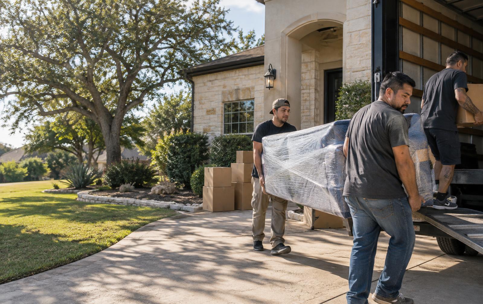 A local moving crew loads wrapped furniture outside a limestone San Antonio home